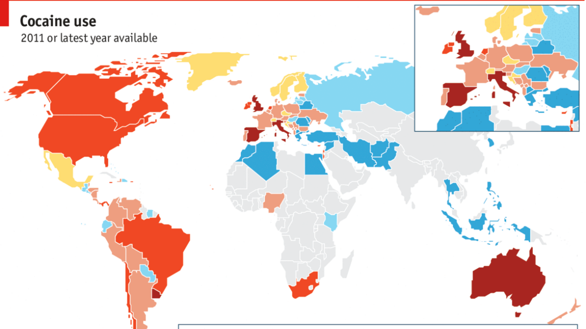 Ο παγκόσμιος χάρτης κατανάλωσης… κοκαΐνης από τον Economist